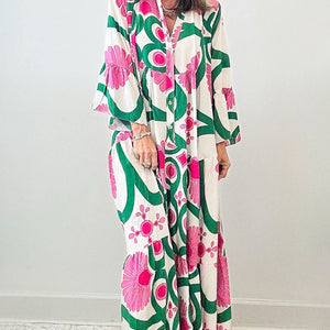 Printed Notched Long Sleeve Maxi Dress