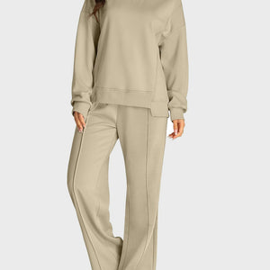 Round Neck Long Sleeve Top and Slit Pants Set