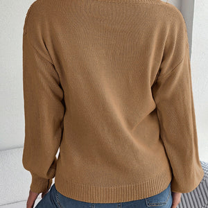 Cable-Knit V-Neck Lantern Sleeve Sweater