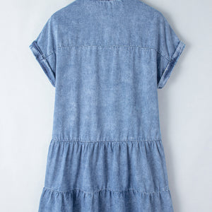 Raw Hem Collared Neck Short Sleeve Denim Dress