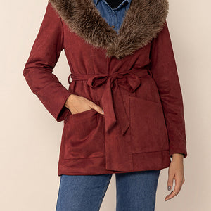 Fuzzy Collared Neck Tie Waist Jacket