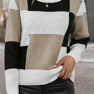 Color Block Round Neck Long Sleeve Sweater