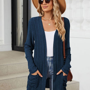 Pocketed Open Front Long Sleeve Cardigan