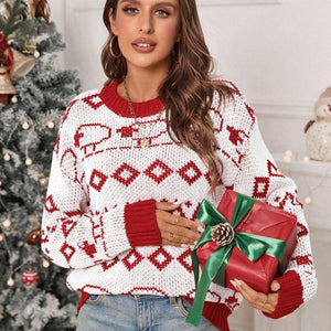 Perfee Contrast Geometric Round Neck Long Sleeve Sweater