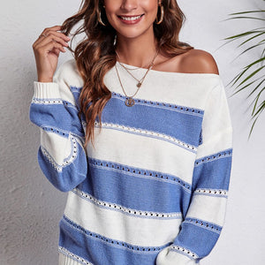 Striped Boat Neck Dropped Shoulder Sweater