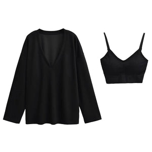 Basic Bae Air Scuba V-Neck Dropped Shoulder Long Sleeve Sweatshirt with Bra