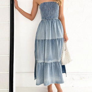 Slit Smocked Tube Tiered Denim Dress