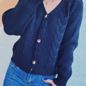 Cable-Knit V-Neck Button Down Long Sleeve Cardigan