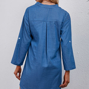 Half-Button Notched Neck High-Low Denim Dress