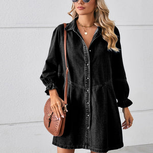 Button Up Flounce Sleeve Mini Denim Dress