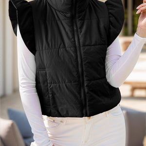 Pocketed Zip Up Cap Sleeve Jacket