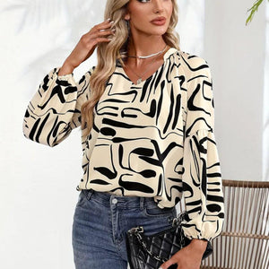 Printed Notched Long Sleeve Blouse