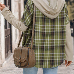 Perfee Drawstring Plaid Long Sleeve Hooded Shirt