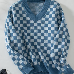 Checkered V-Neck Dropped Shoulder Sweater