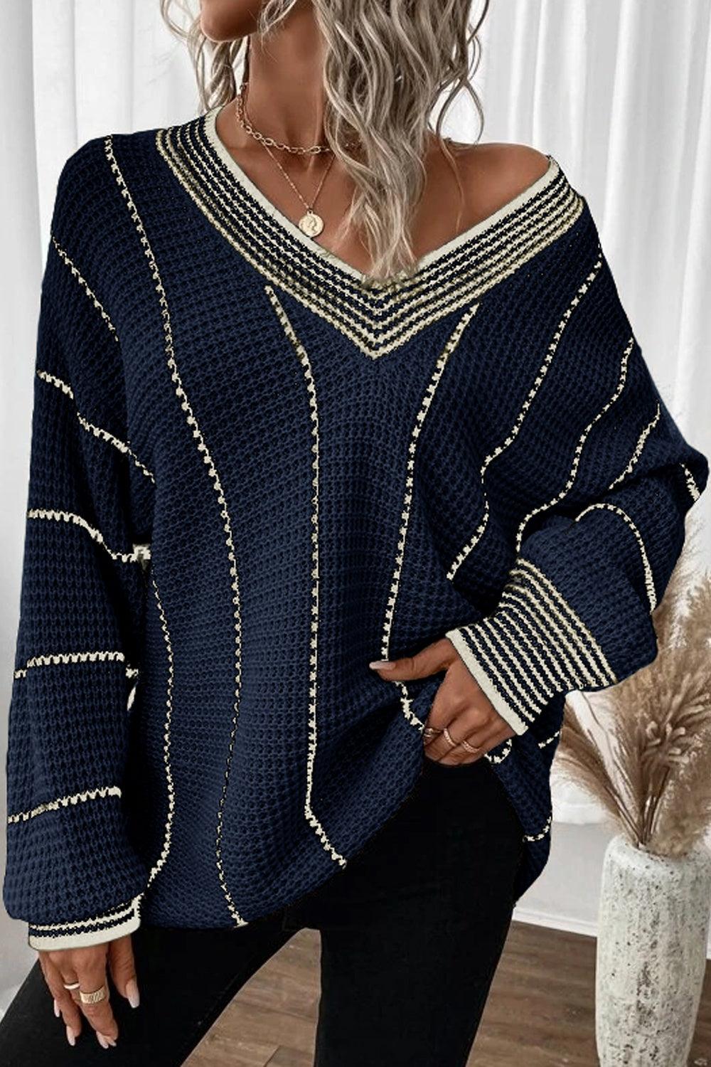 Striped V-Neck Dropped Shoulder Sweater