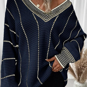 Striped V-Neck Dropped Shoulder Sweater