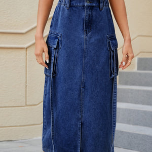 Slit Pocketed High Waist Denim Skirt