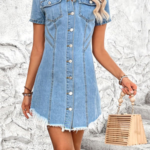 Raw Hem Button Up Short Sleeve Denim Dress