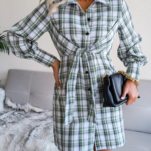 Tied Plaid Long Sleeve Mini Shirt Dress