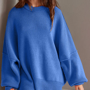 Double Take Side Slit Round Neck Long Sleeve Sweater