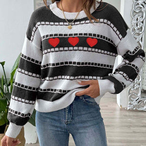 Heart Round Neck Long Sleeve Sweater