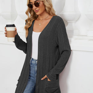 Pocketed Open Front Long Sleeve Cardigan