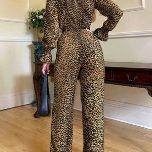 Leopard Flounce Sleeve Wide Leg Jumpsuit