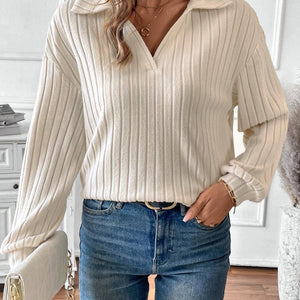 Ribbed Johnny Collar Long Sleeve T-Shirt