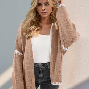 Double Take Contrast Open Front Dropped Shoulder Cardigan