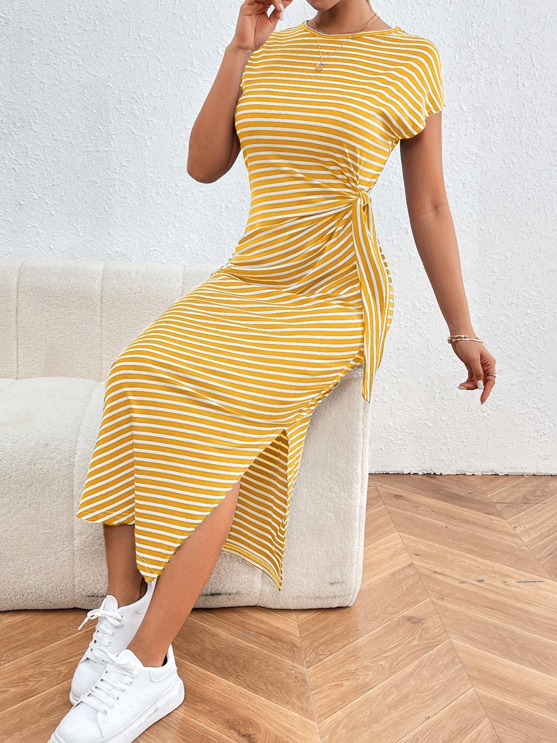 Honey Tied Striped Round Neck Short Sleeve Tee Dress