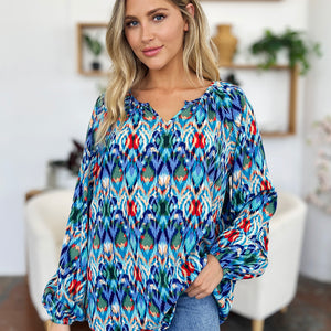 Double Take Full Size Printed Balloon Sleeve Blouse