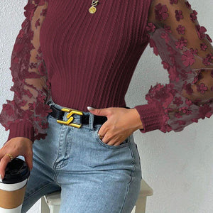 Double Take Textured Applique Long Sleeve Blouse