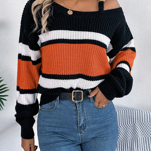 Color Block Asymmetrical Neck Long Sleeve Sweater