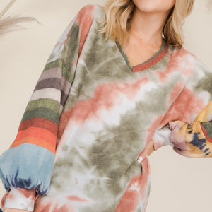 Celeste Full Size Tie-Dye Contrast Striped V-Neck Long Sleeve Blouse