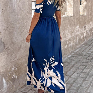 Printed Cold Shoulder Short Sleeve Maxi Dress