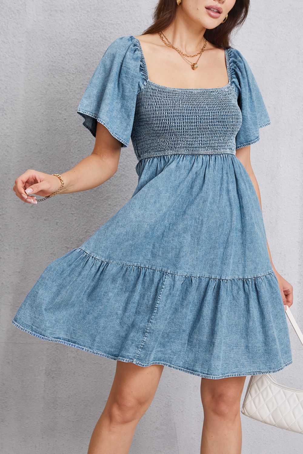 Smocked Square Neck Mini Denim Dress