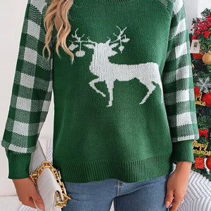 Reindeer Plaid Round Neck Long Sleeve Sweater