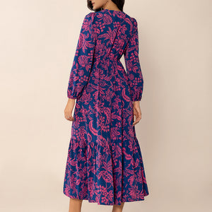 Printed V-Neck Long Sleeve Midi Dress