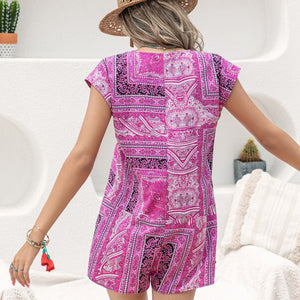 Printed V-Neck Cap Sleeve Romper