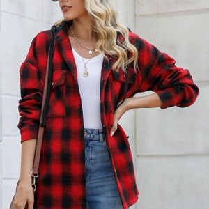 Drawstring Plaid Long Sleeve Hooded Shacket