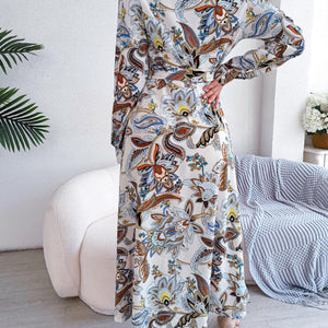 Tied Printed Long Sleeve Midi Dress