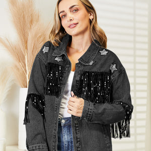 Fringe Detail Long Sleeve Denim Jacket