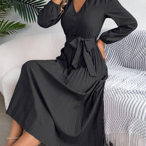 Pleated Tied V-Neck Long Sleeve Dress