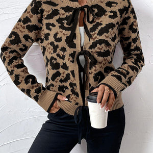 Perfee Tied Leopard Long Sleeve Cardigan