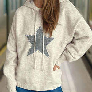 Drawstring Star Long Sleeve Hooded Sweater