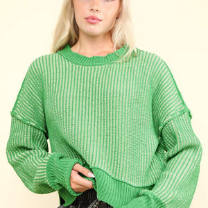 VERY J Exposed Seam Cropped Striped Slit Sweater