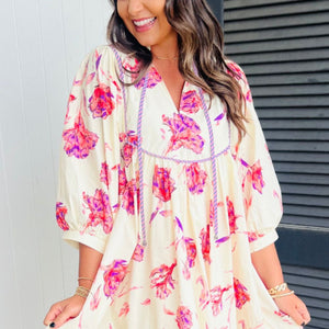 Tied Flower Printed Three-Quarter Sleeve Dress