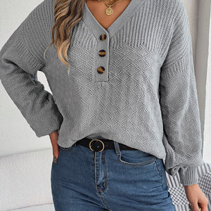 Half Button V-Neck Long Sleeve Sweater