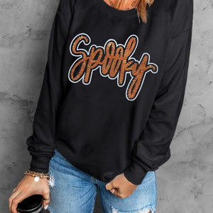 SPOOKY Rhinestone Round Neck Long Sleeve Sweatshirt