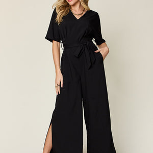 Double Take Full Size V-Neck Tied Side Slit Jumpsuit